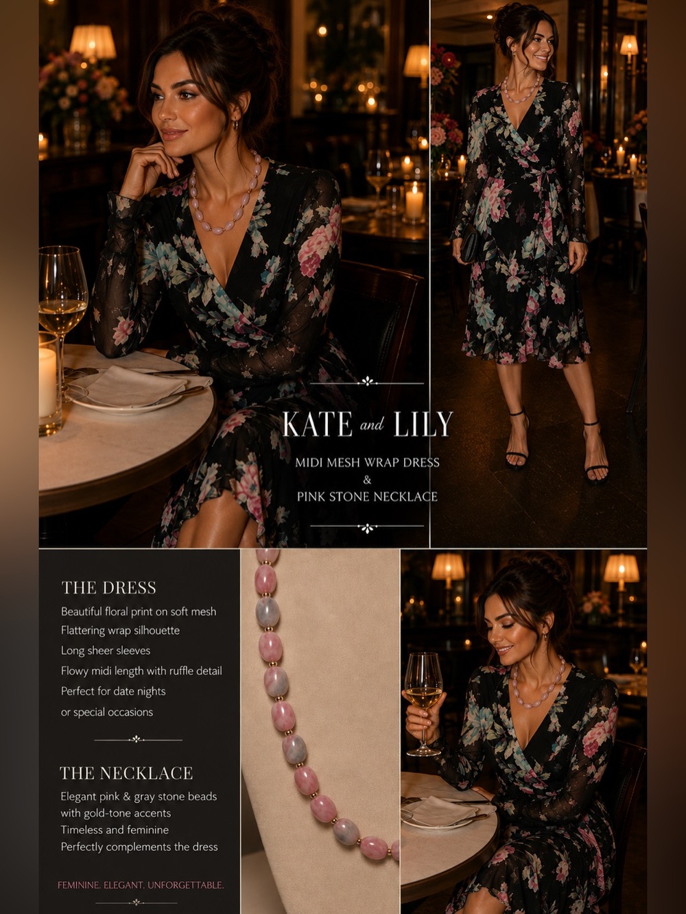 Kate & Lily black  Floral Midi Mesh Wrap Dress & stone necklace